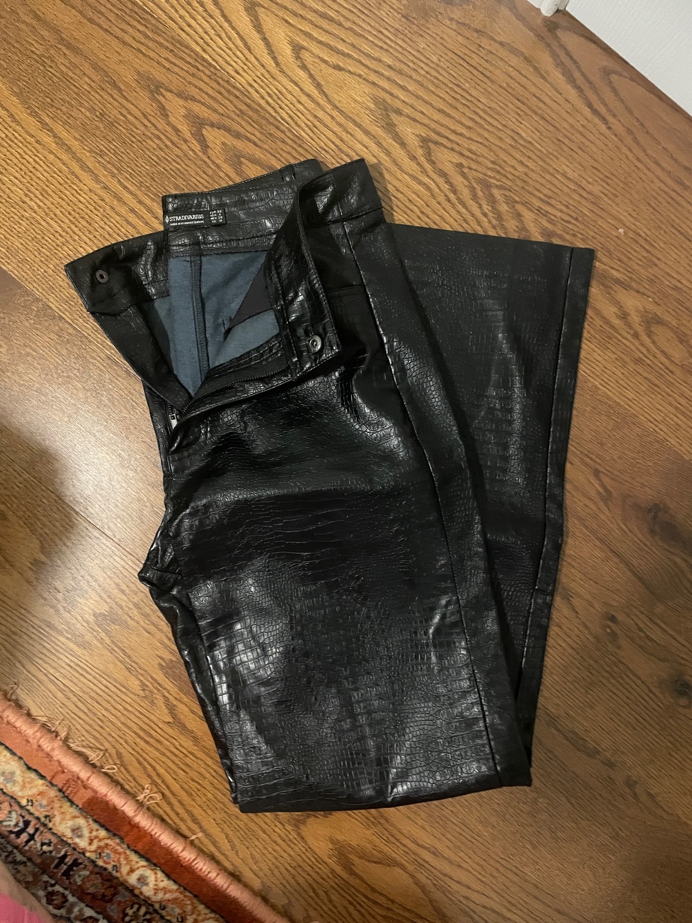 stradivarius Black Faux Croc Straight-Leg Pants